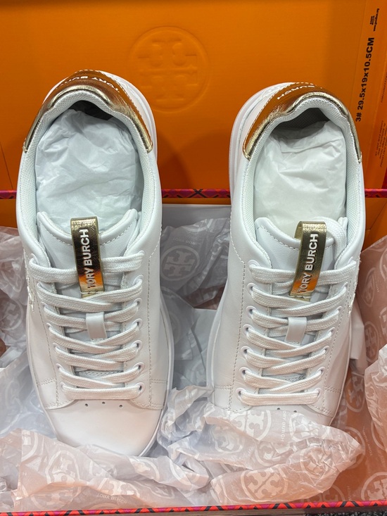 Tory Burch Shoes - Tory Burch Howell Court White Leather Sneakers Gold Heel Size 6M